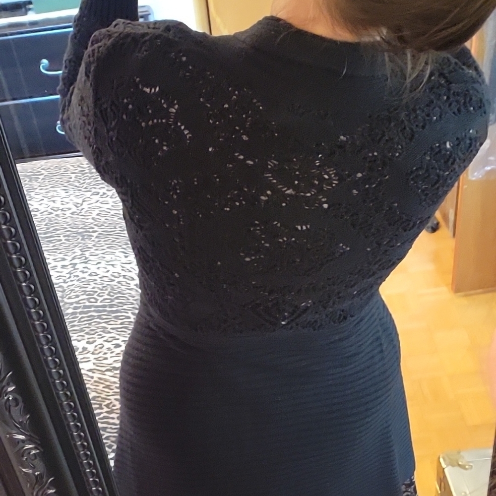 Belldini Black Elegant Open Cardigan Sweater, Crochet Lace Back & Sleeves, M - Picture 6 of 16